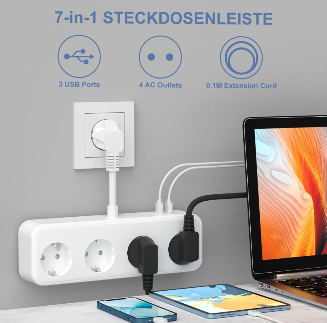 4 Bay Multi Socket 3 USB, 7-in-1 Socket Adapter