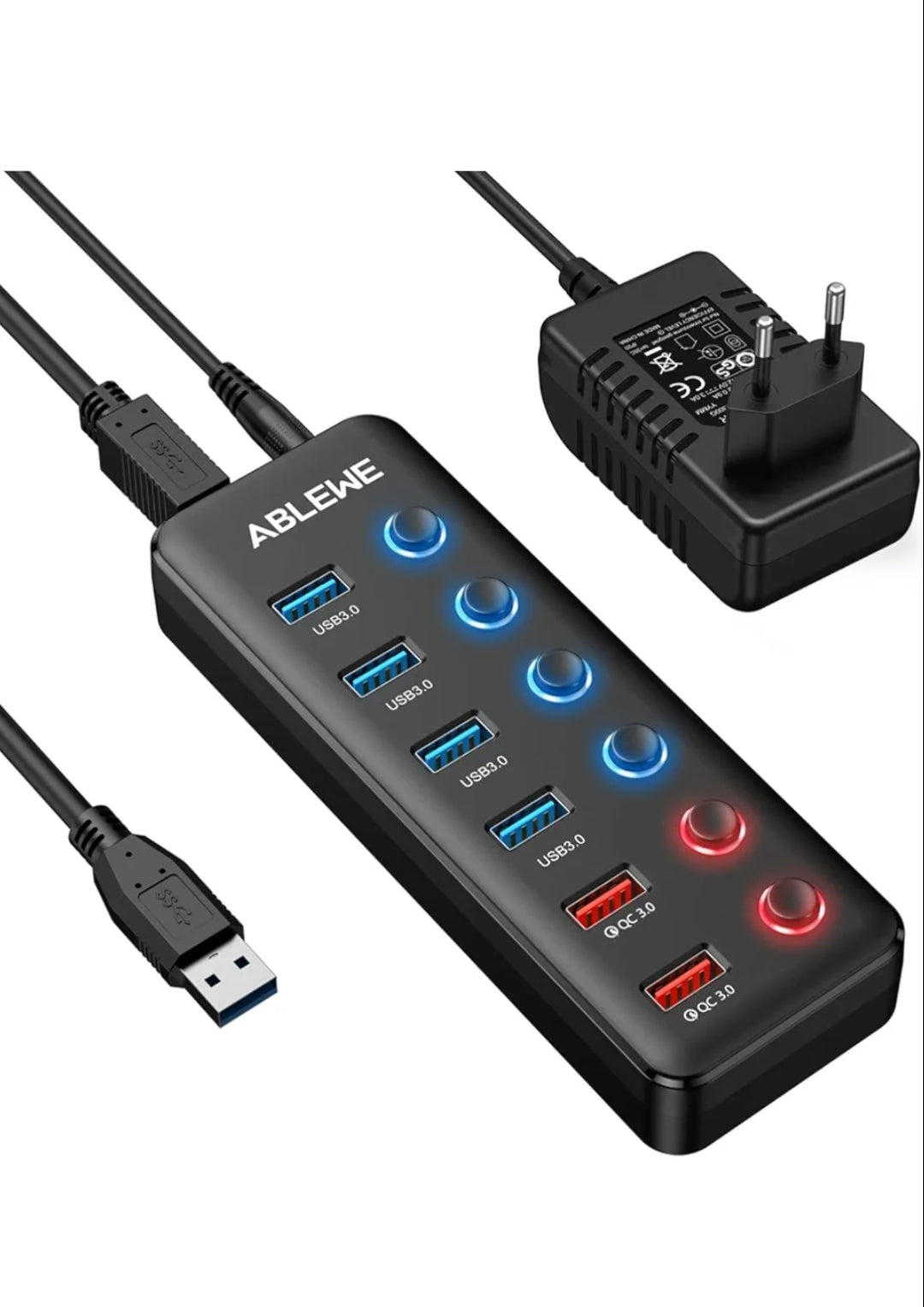ABLEWE 6-Port USB Hub Active 3.0 with Power Supply