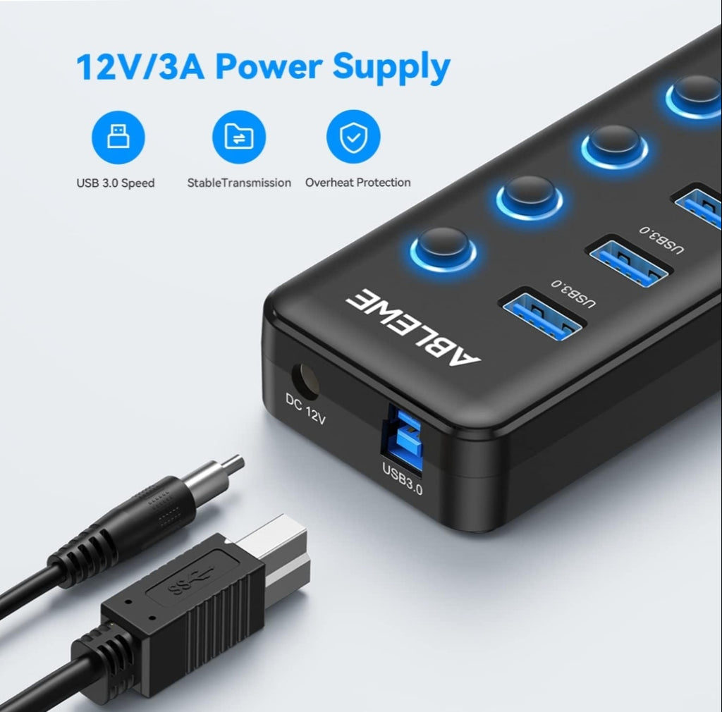 ABLEWE 6-Port USB Hub Active 3.0 with Power Supply