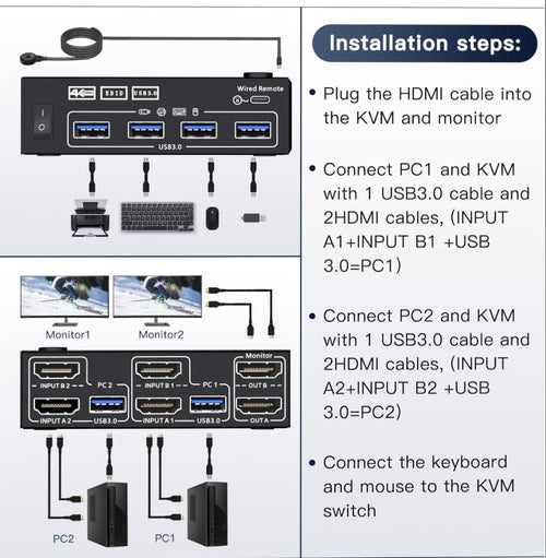 NAWEN USB 3.0 Dual Monitor KVM Switch