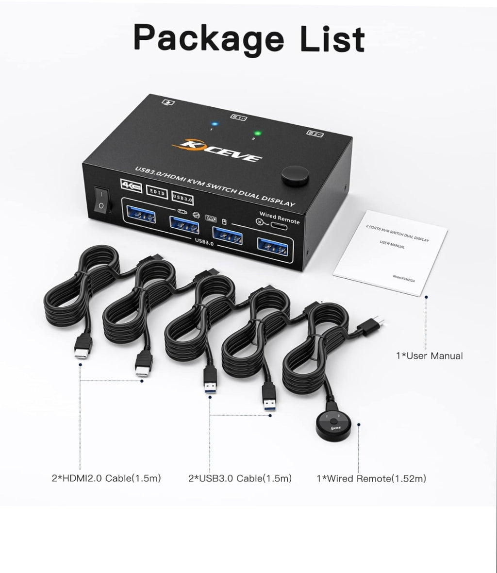 NAWEN USB 3.0 Dual Monitor KVM Switch