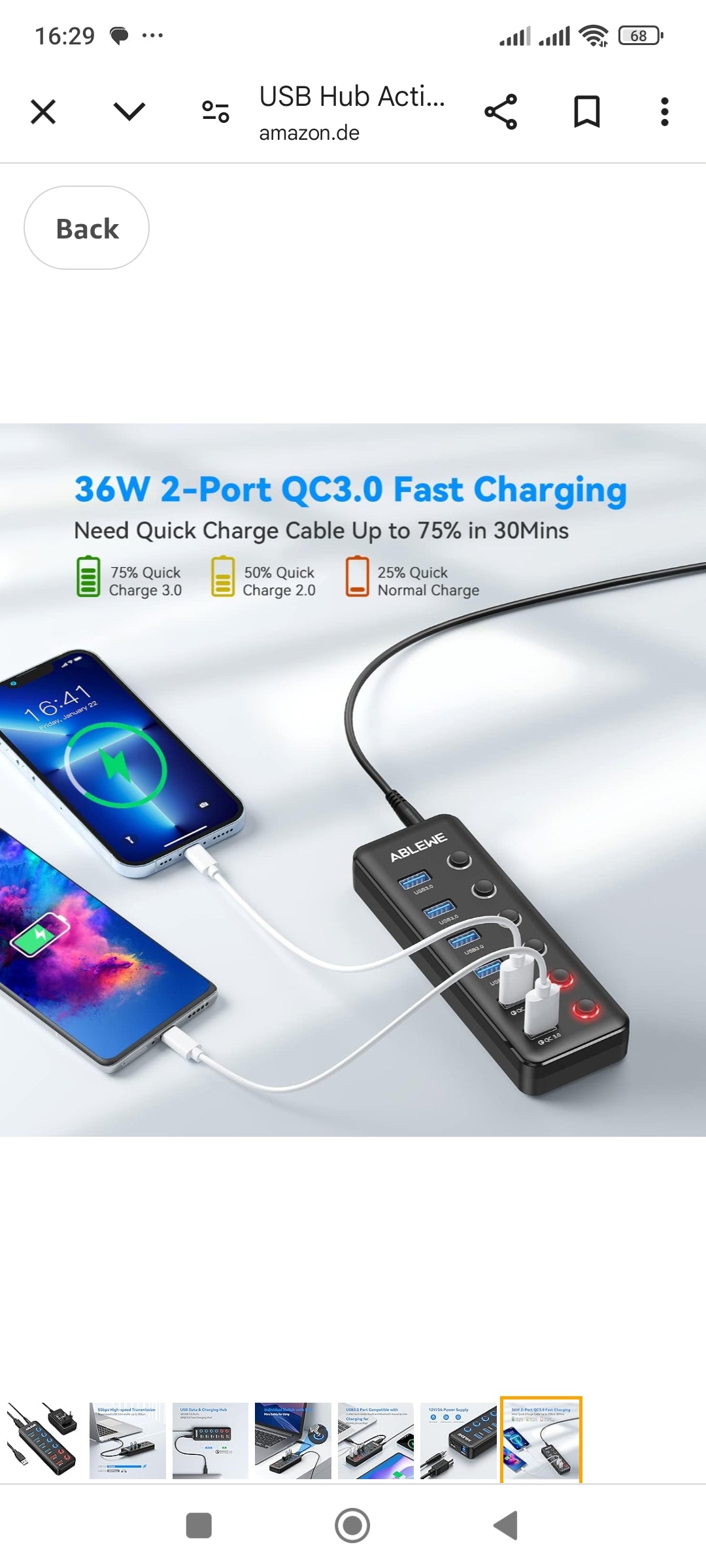 ABLEWE 6-Port USB Hub Active 3.0 with Power Supply