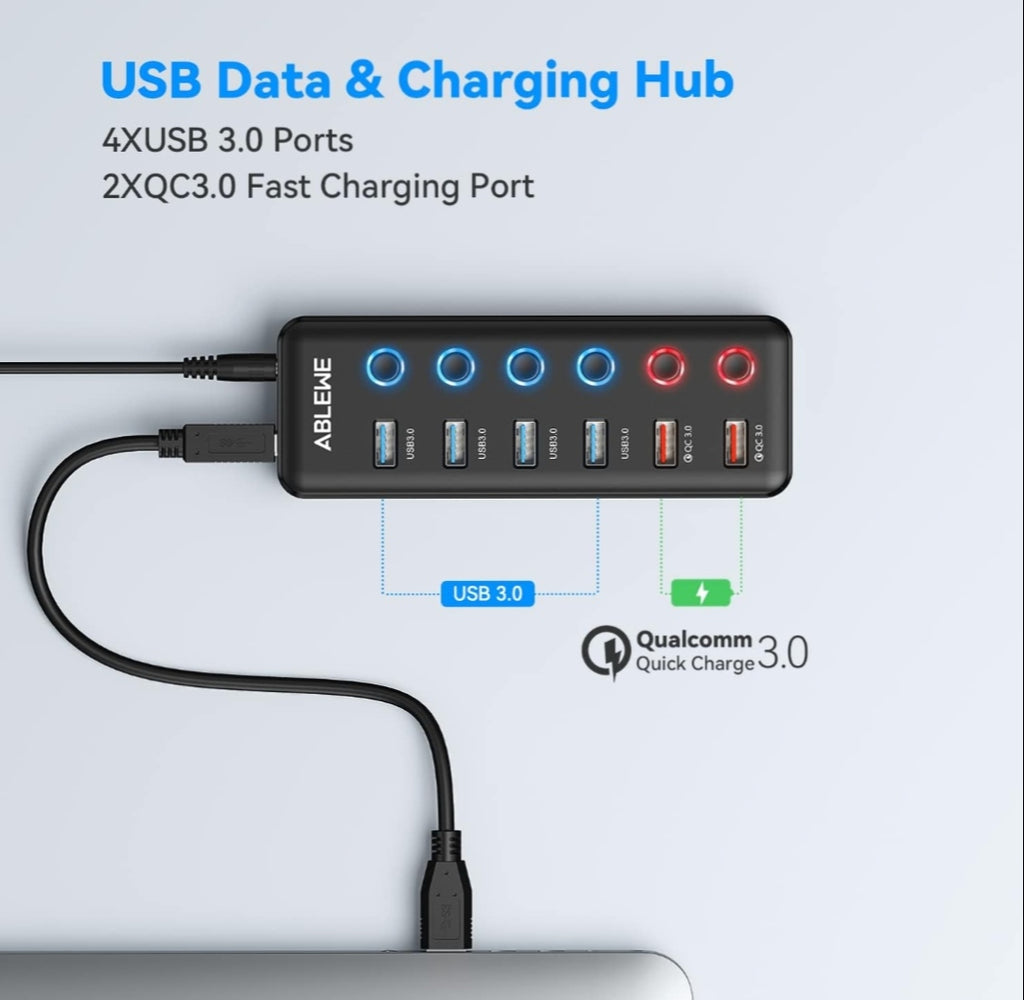 ABLEWE 6-Port USB Hub Active 3.0 with Power Supply