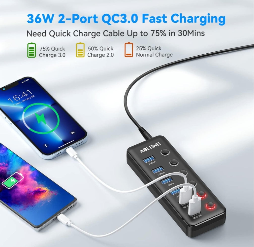 ABLEWE 6-Port USB Hub Active 3.0 with Power Supply